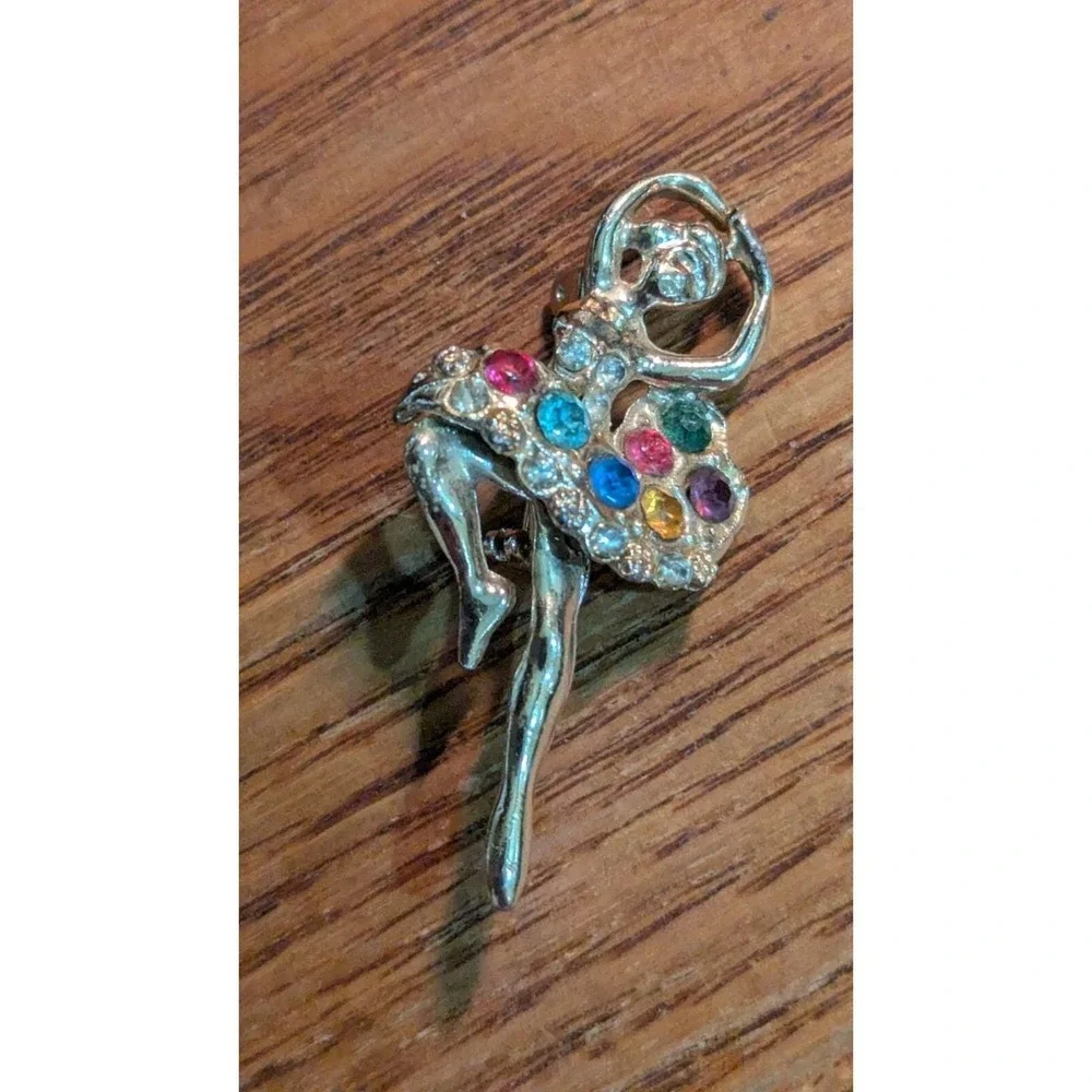 Vintage Gold Tone Ballerina Dancer Brooch Multi Color Rhinestone Tutu‎ Pin 2